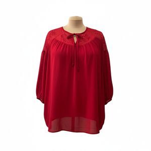 L&B Lucky & Blessed Sheer Red Embroidery Peasant Blouse, Size 2X